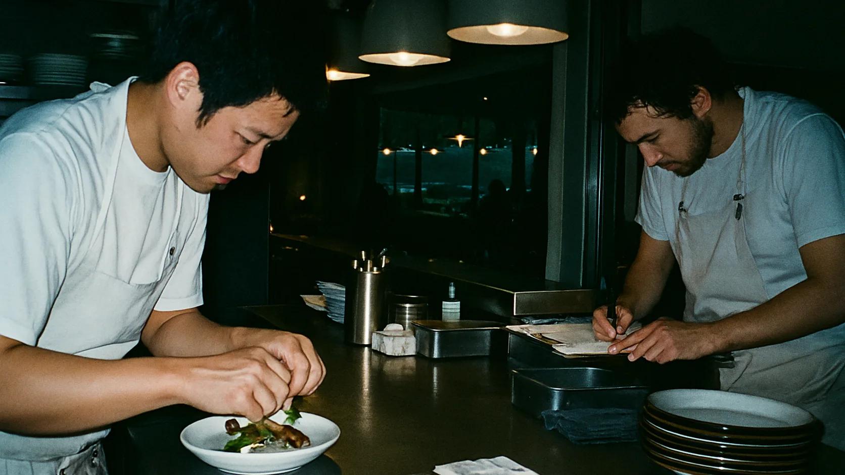 Chefs working the pass of an open restaurant kitchen