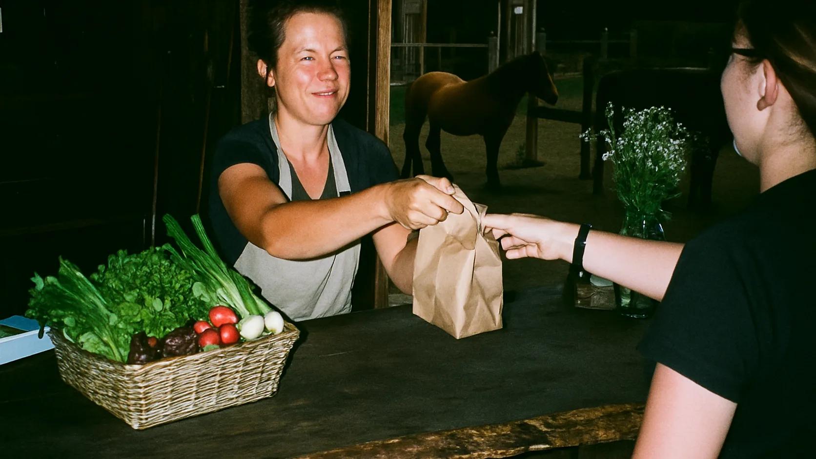 Farm shop assistant handing a customer a paper bag of fresh produce