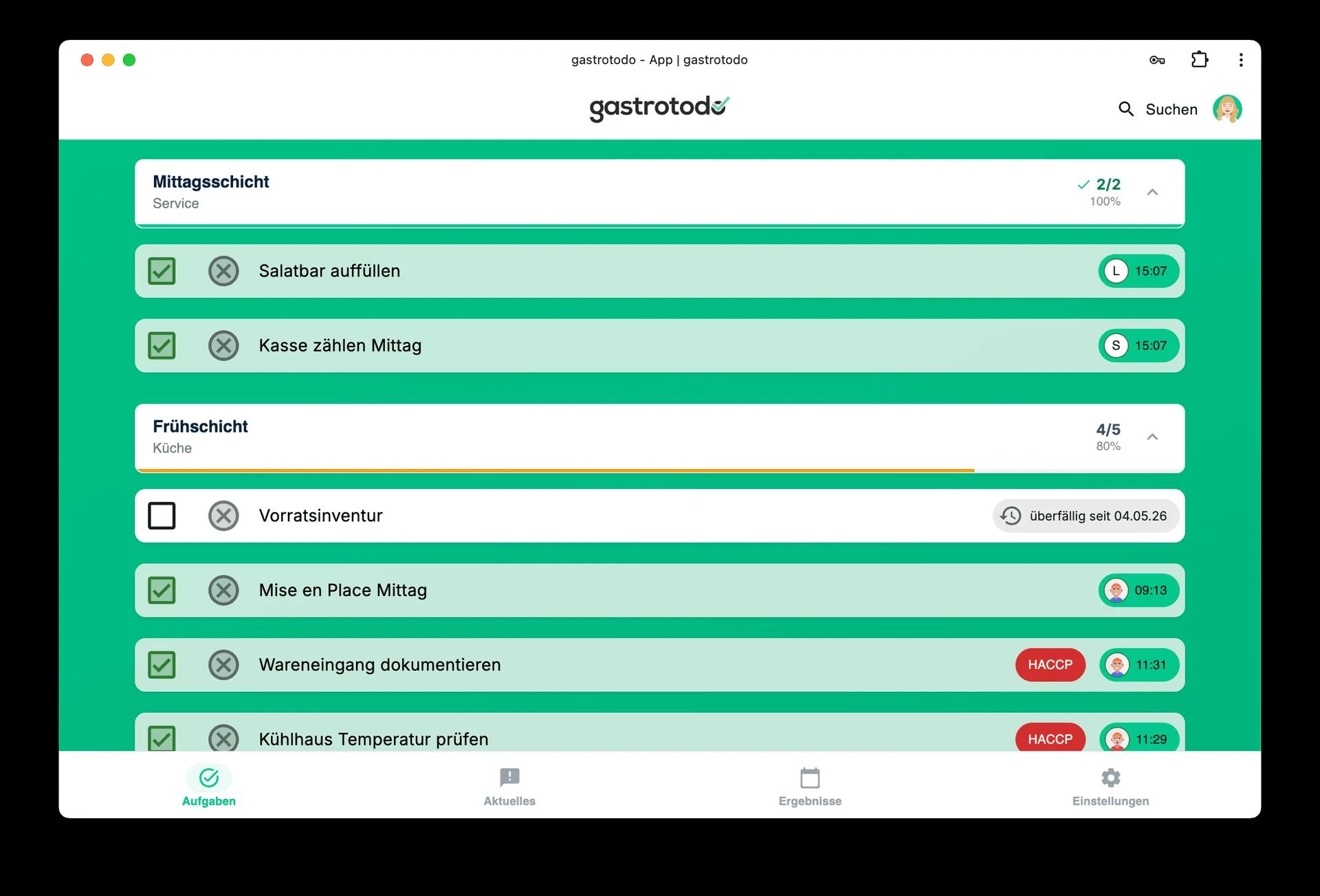 Task list grouped by area