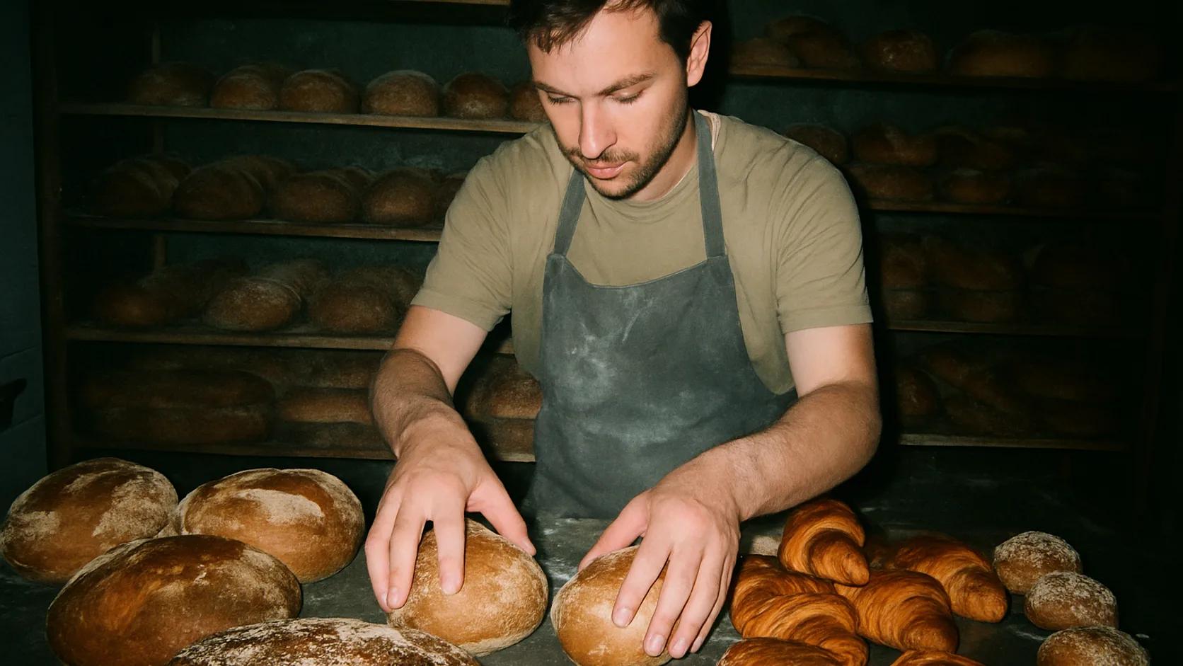 Baker arranging fresh baked goods in the display counter