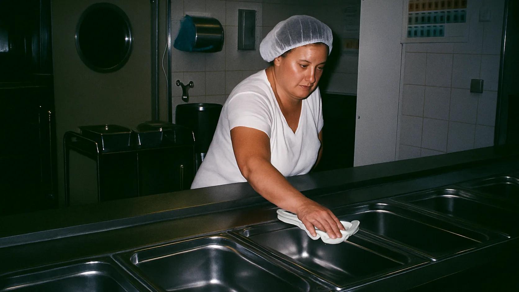 Canteen worker cleaning the serving counter before meal service